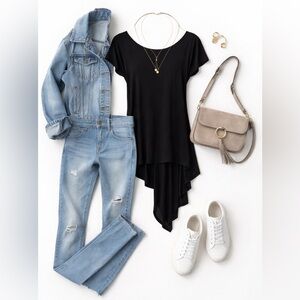 DEX BLACK ASYMMETRICAL HIGH LOW TUNIC TOP / OPEN V-BACK SHEER SIDES FLOWY